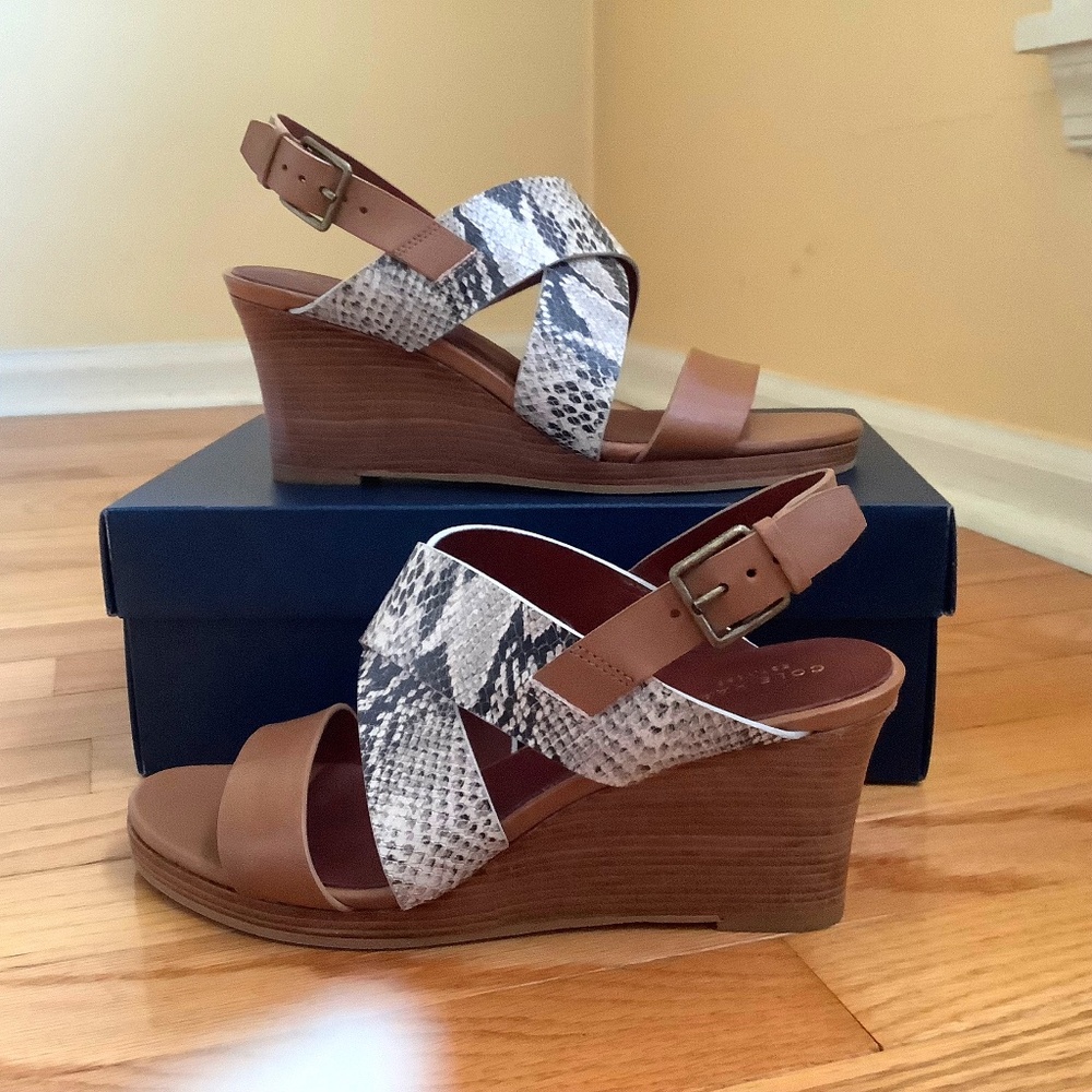Cole Haan Penelope Roccia Snake Print Wedge Leather Sandals Tan SZ 9